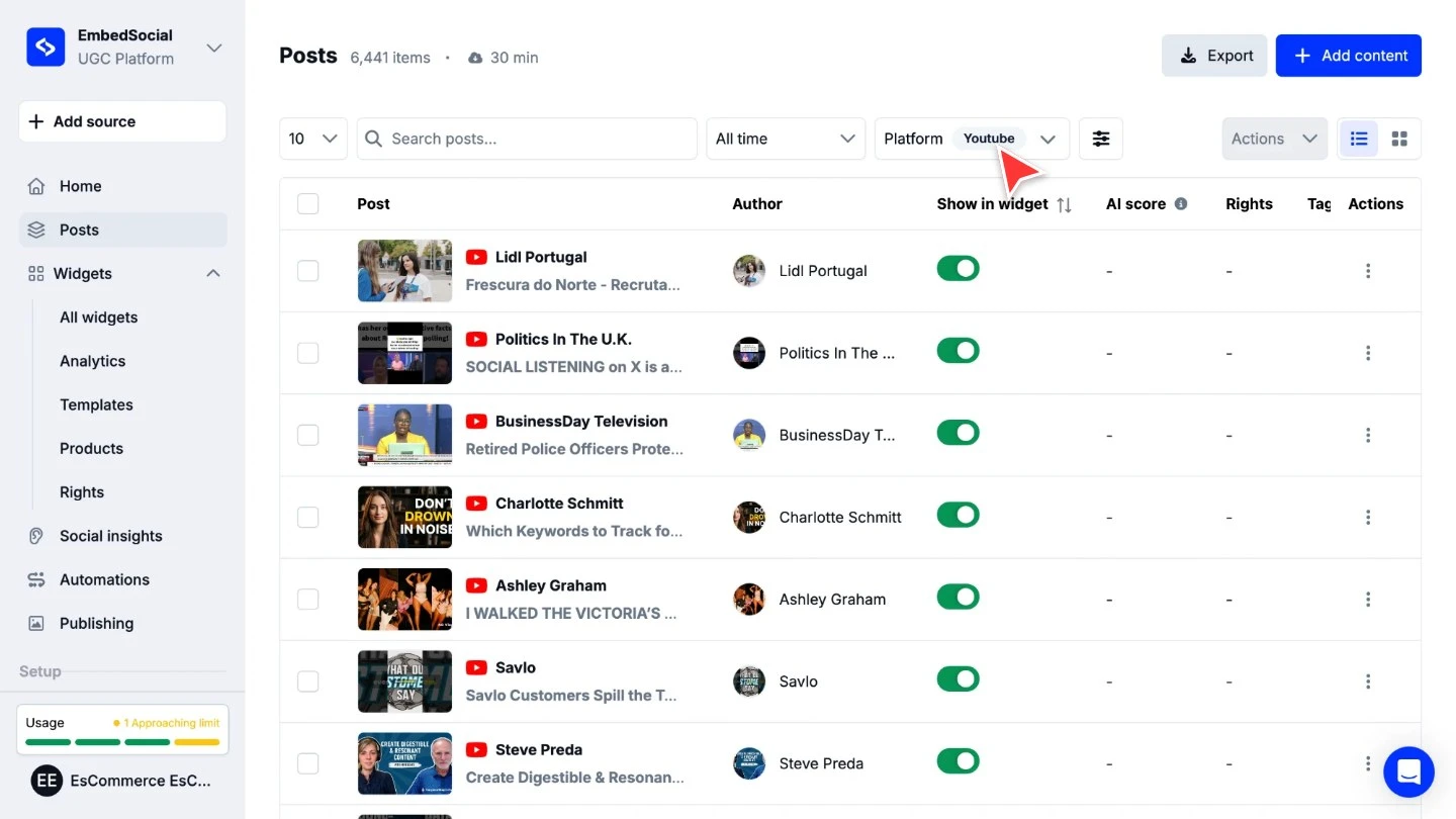 The Posts page filtered by the Youtube platform, listing collected videos with their authors and the Show in widget toggle