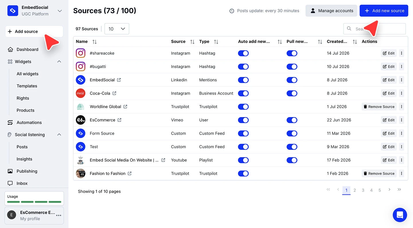 The EmbedSocial dashboard with the Add source button in the left menu