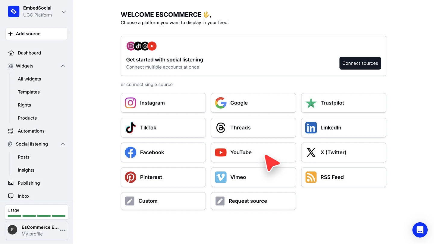 The platform picker with YouTube among Instagram, Google, Trustpilot, TikTok, Threads, LinkedIn and the other available sources