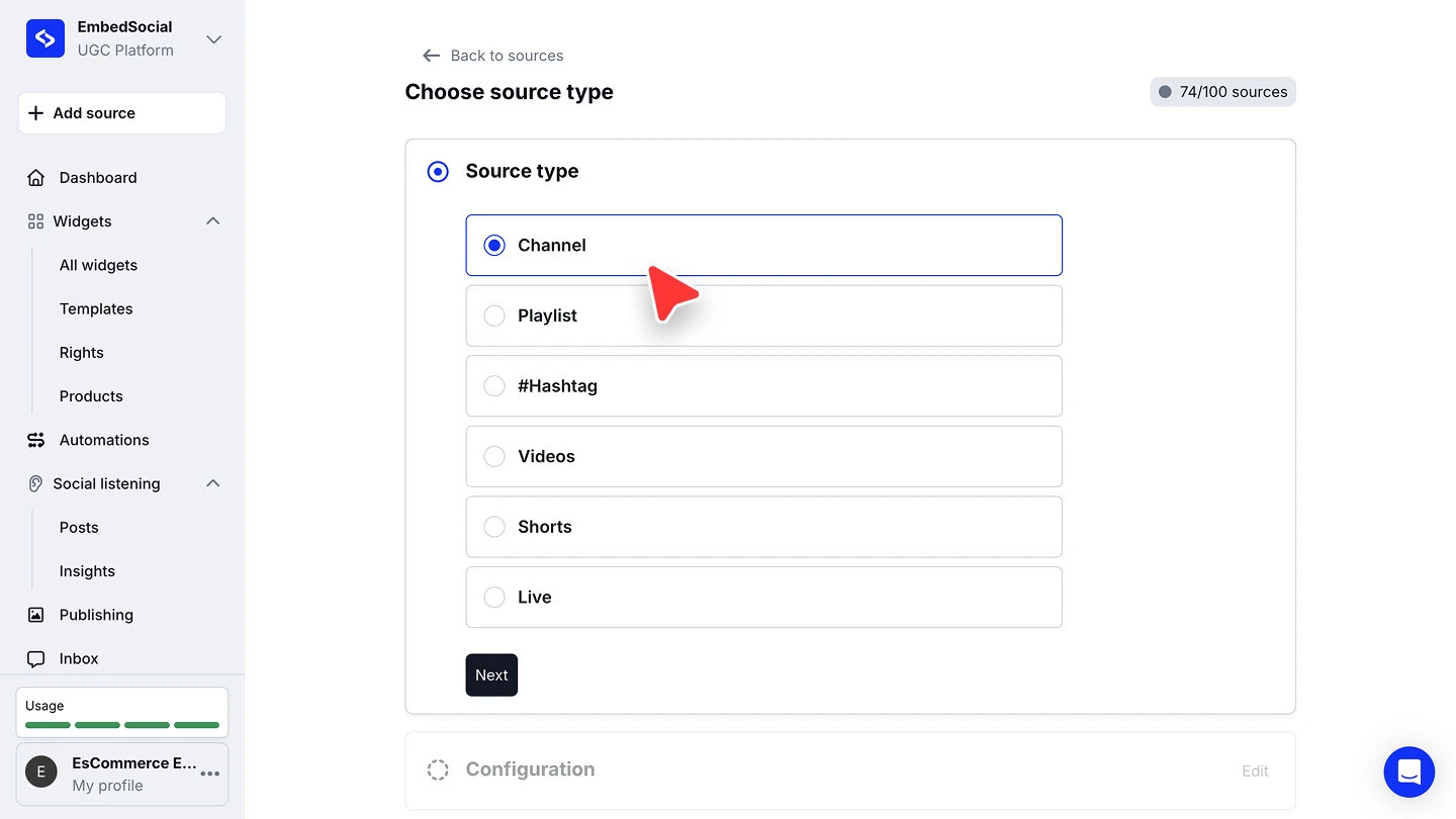 The Choose source type screen listing Channel, Playlist, Hashtag, Videos, Shorts and Live