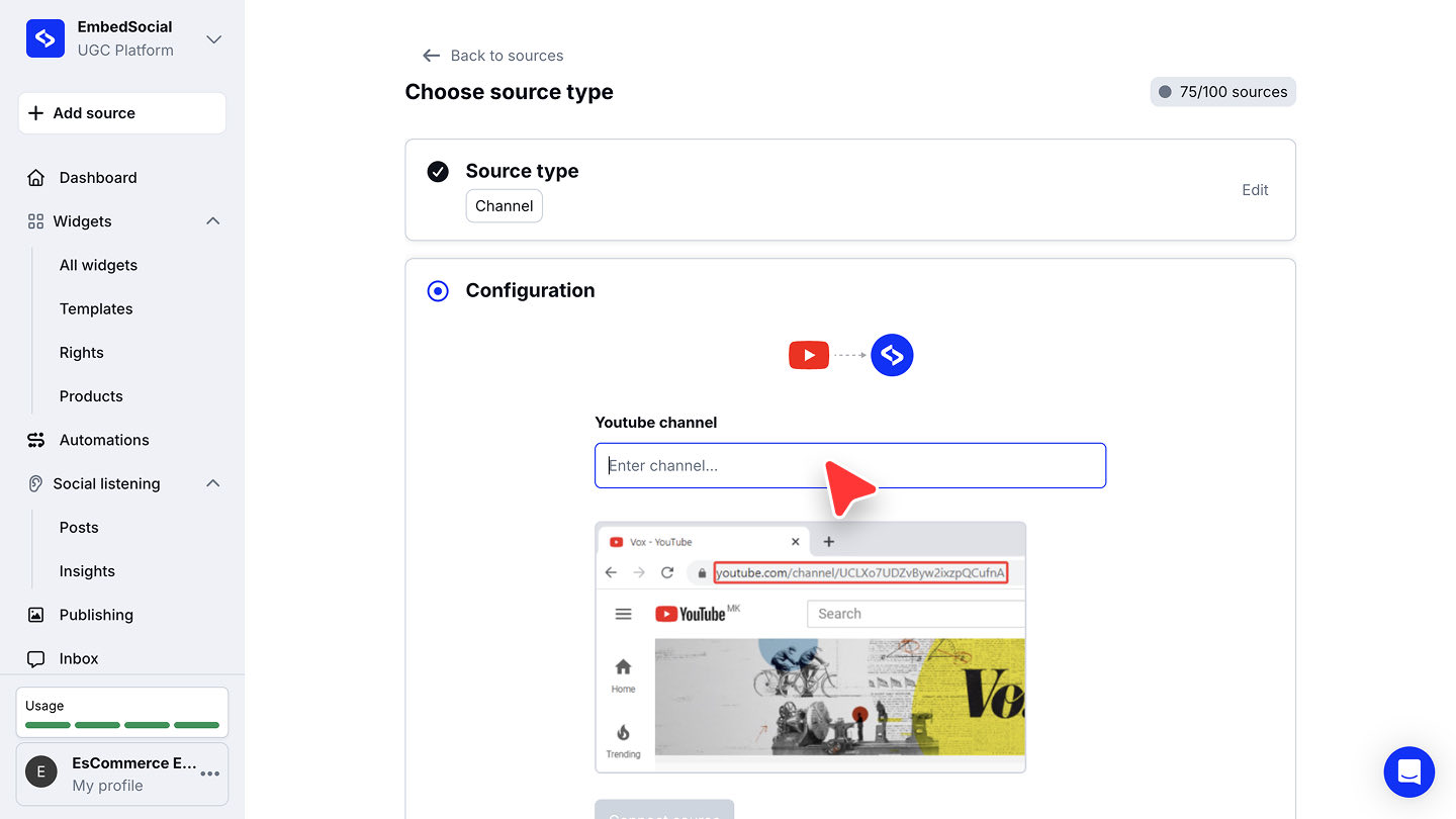 Youtube channelフィールドと、ブラウザのアドレスバーに表示されたチャンネルURLの例が示されたConfigurationステップ