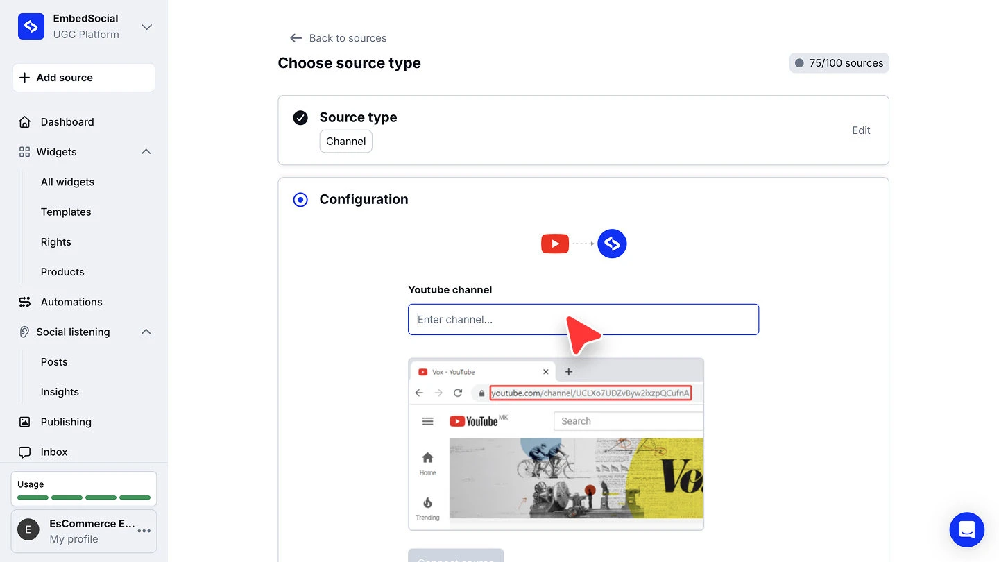 The Configuration step with the Youtube channel field and an example showing the channel URL in the browser address bar