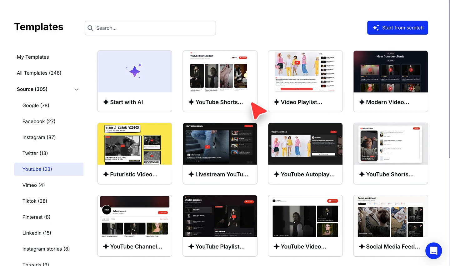The widget template gallery shown after the YouTube source is connected