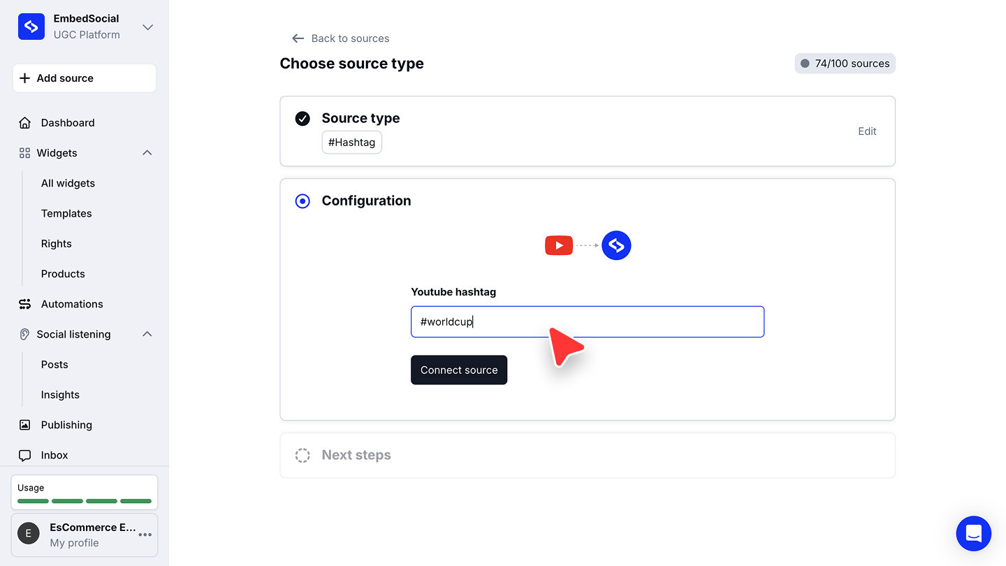 YouTubeハッシュタグのソースのConfigurationステップ