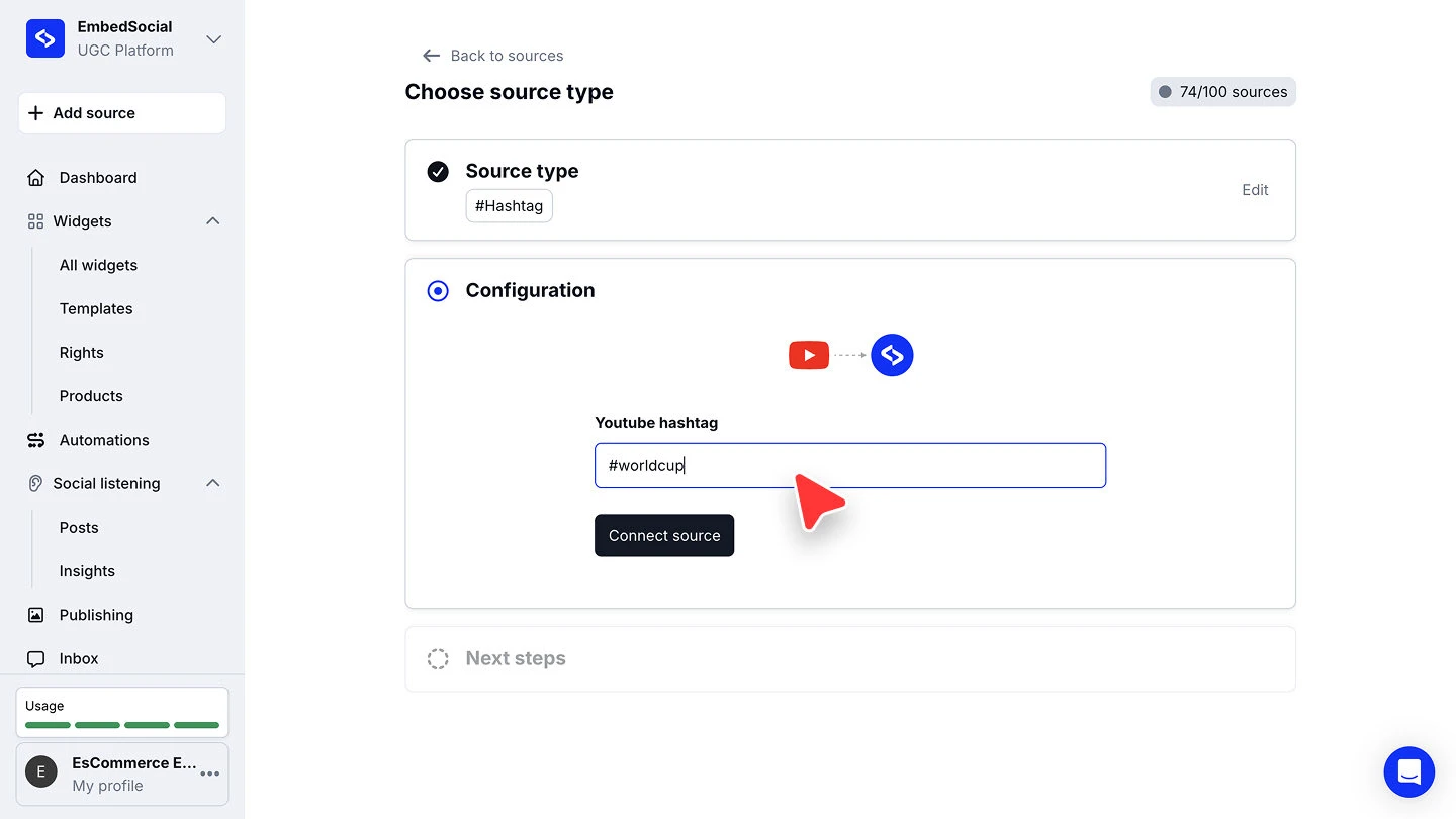 The Configuration step for a YouTube hashtag source