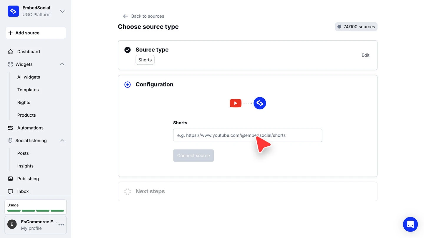 The Configuration step for a YouTube Shorts source