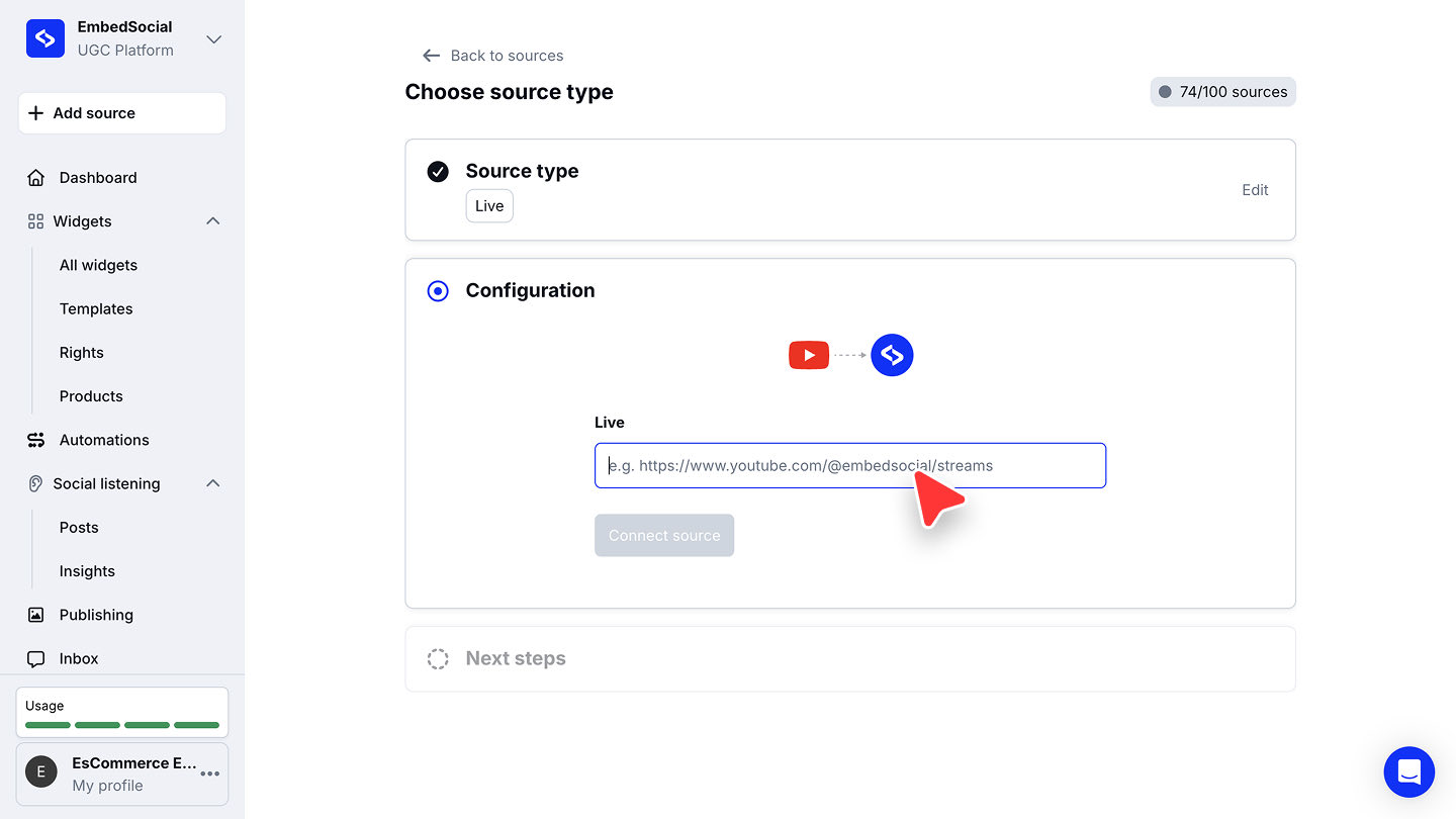 YouTubeライブ配信のソースのConfigurationステップ