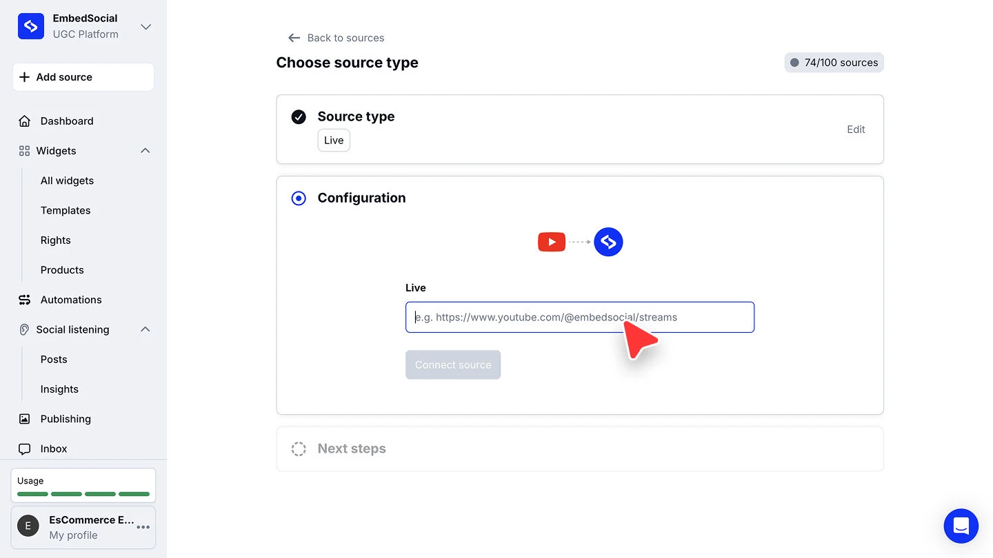 The Configuration step for a YouTube live stream source