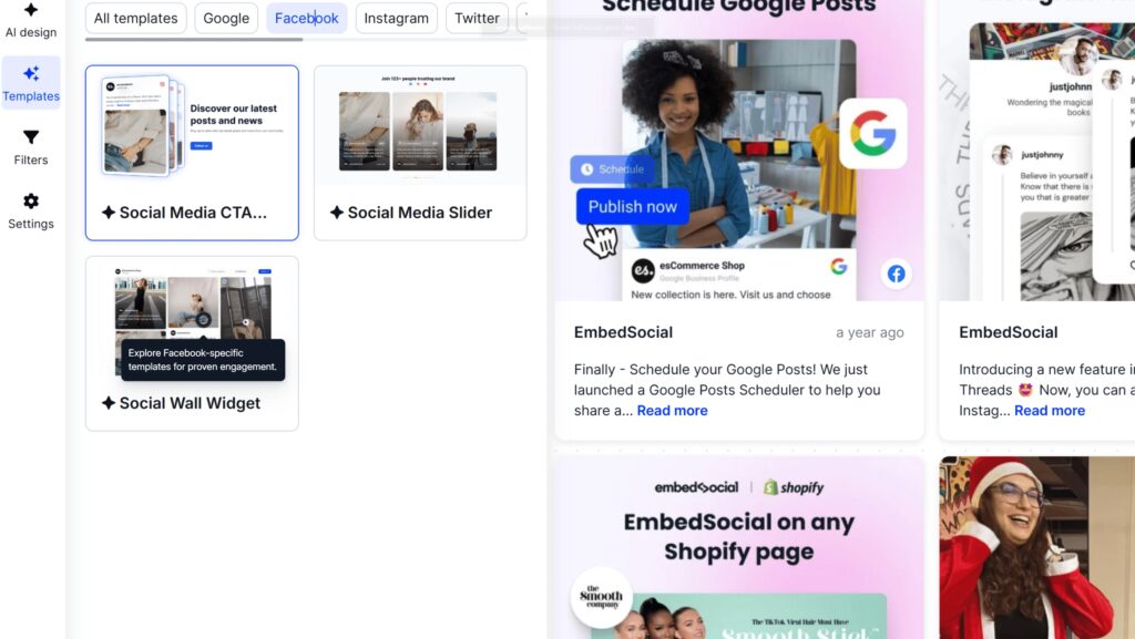 choosing a widget template inside embedsocial ai editor