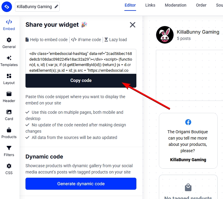 copying the embeddable widget code in embedsocial