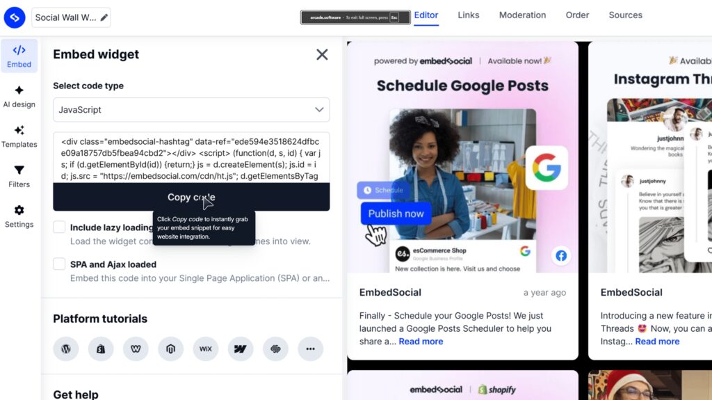 copying embeddable widget code in embedsocial