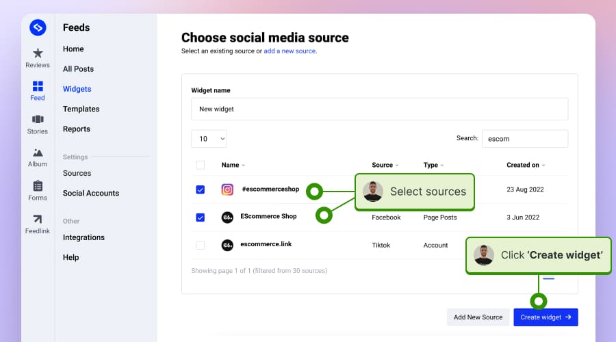 Steps to create a social media widget with multiple sources