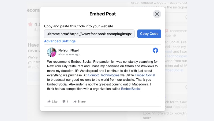 Facebook reviews embed code