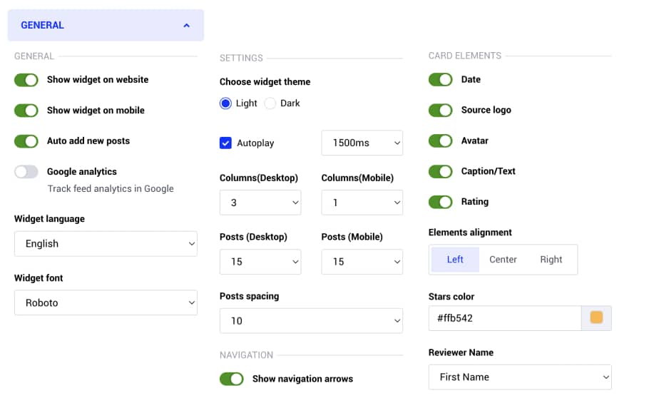 Google reviews widget features and settings
