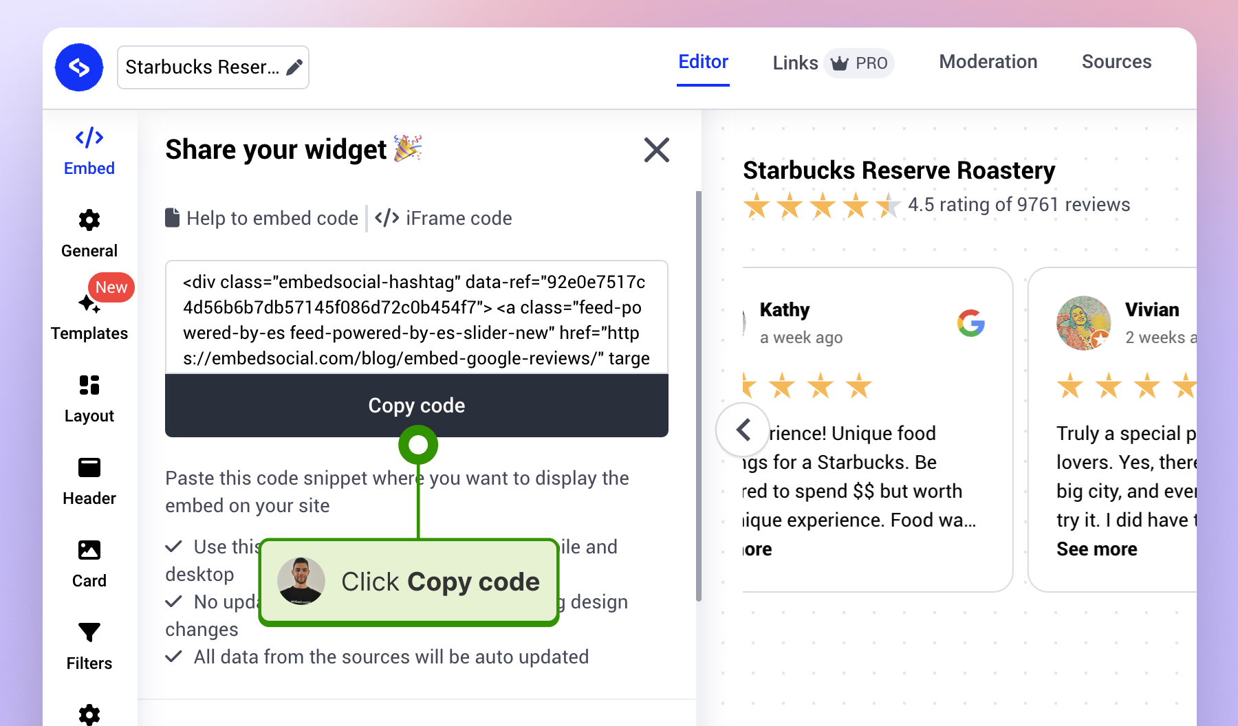 Copy embed code for free Google reviews widget