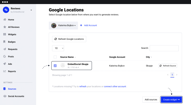 Choose Google business location to embed Google reviews