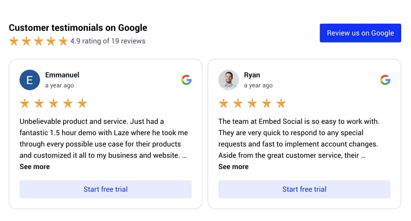 google reviews widget with links and buttons