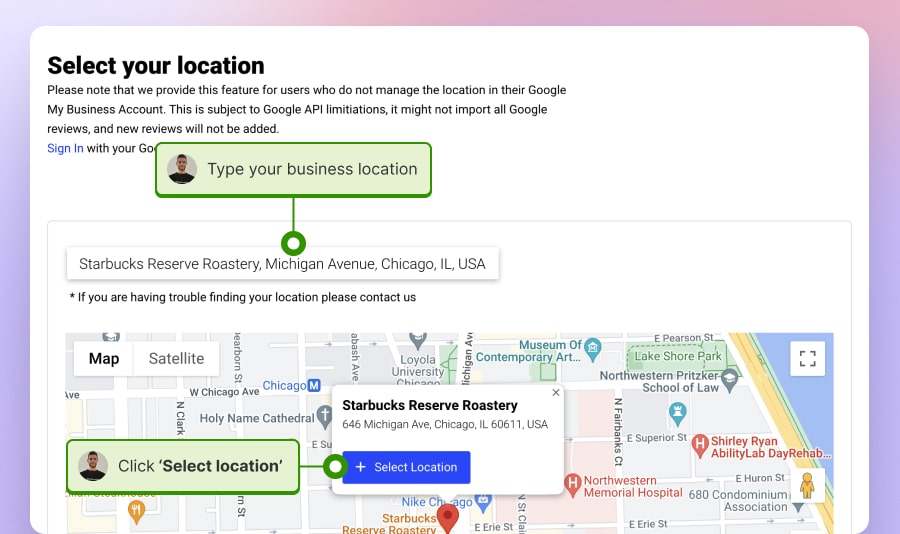 Select your Google my business location to embed Google reviews