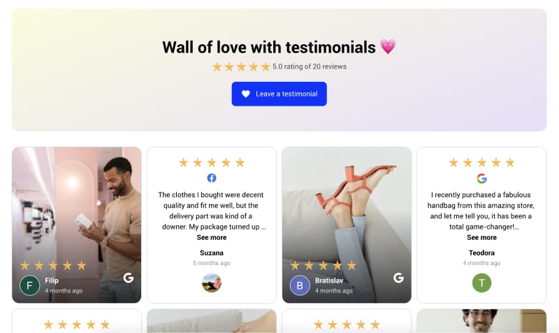 Example of Google reviews widget wall of love