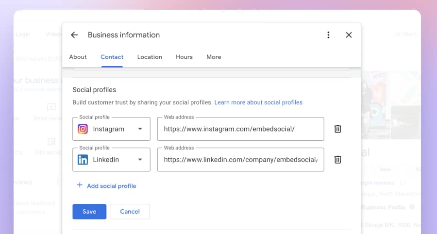 Add social media profiles in Google business page