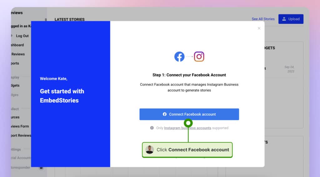 Connect Facebook account and Instagram to generate stories