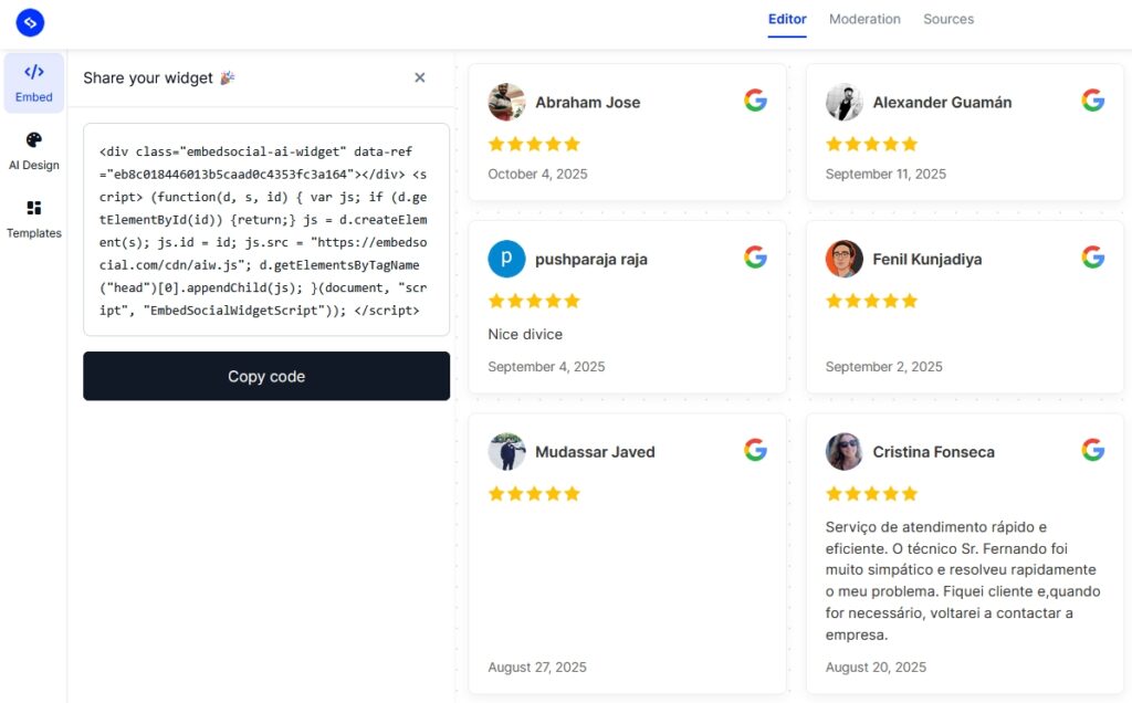 embed google reviews embedsocial gbp