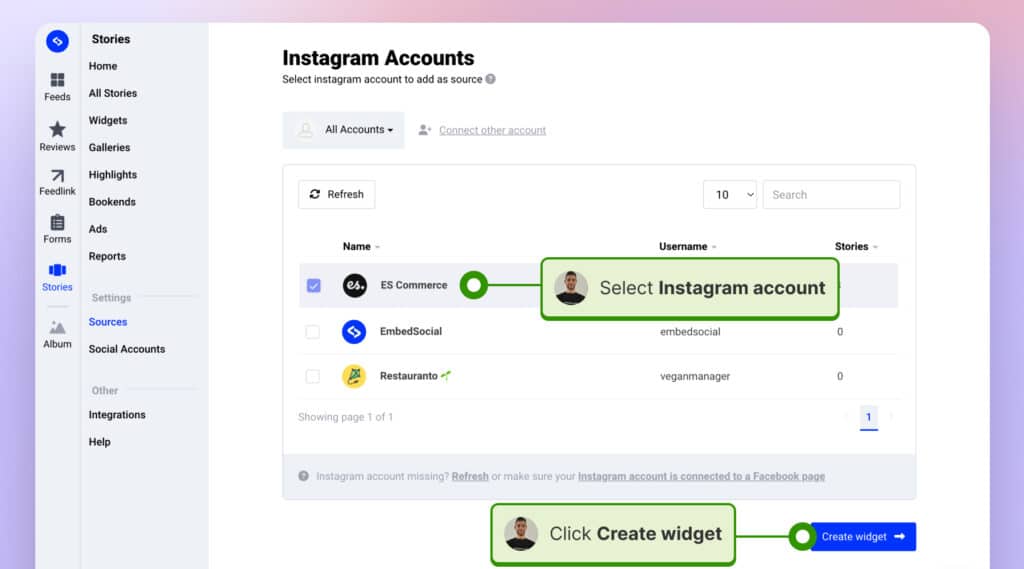 Select an Instagram account from where you want to pull the stores