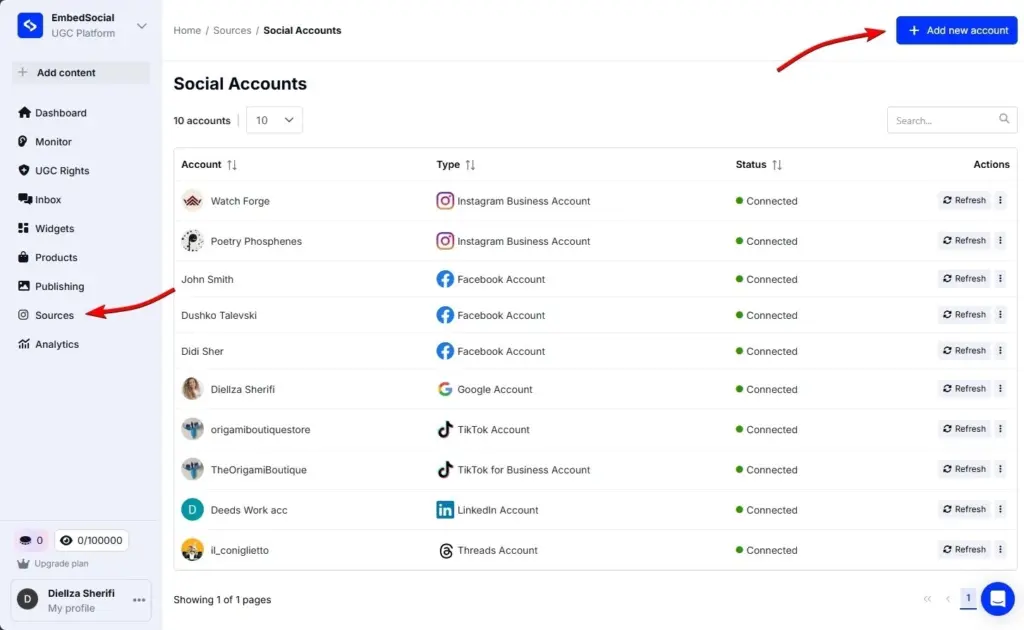 navigating to the social accounts section in embedsocial