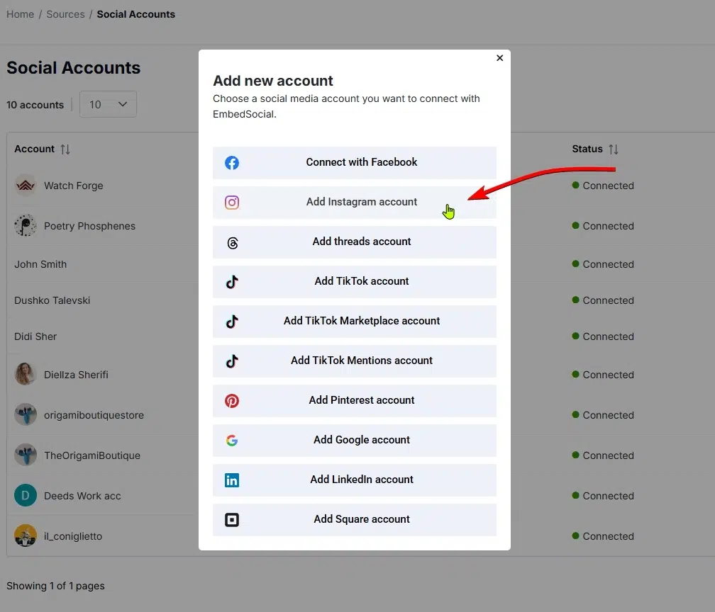 adding an instagram account to embedsocial