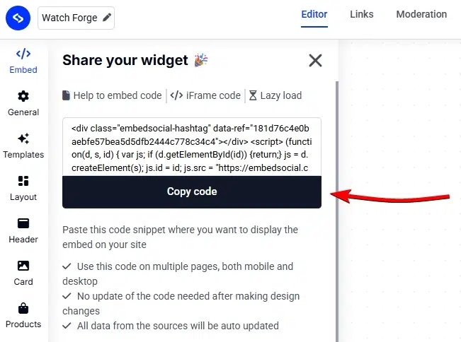 copying the embedsocial widget code