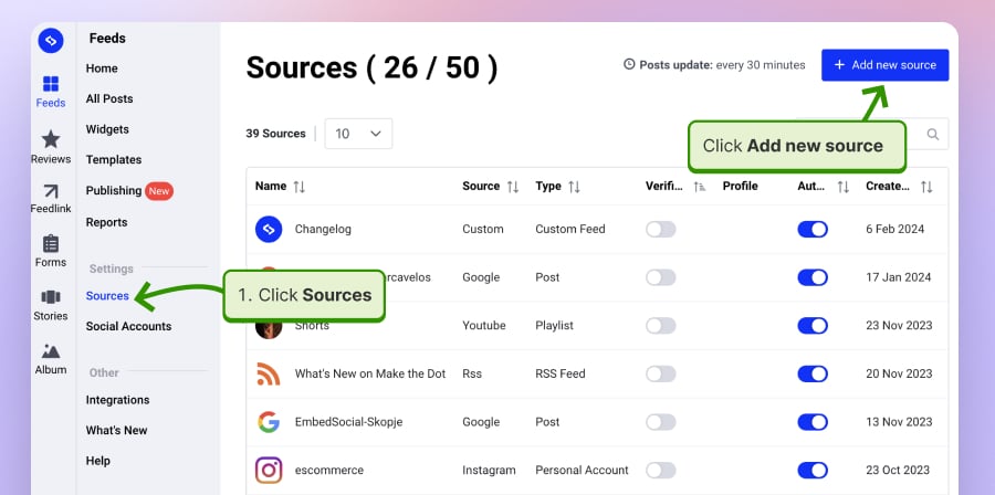 Go to Sources to add Instagram stories as a source