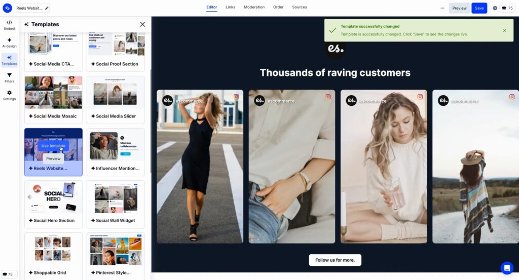 applying a widget template in EmbedSocial ai editor