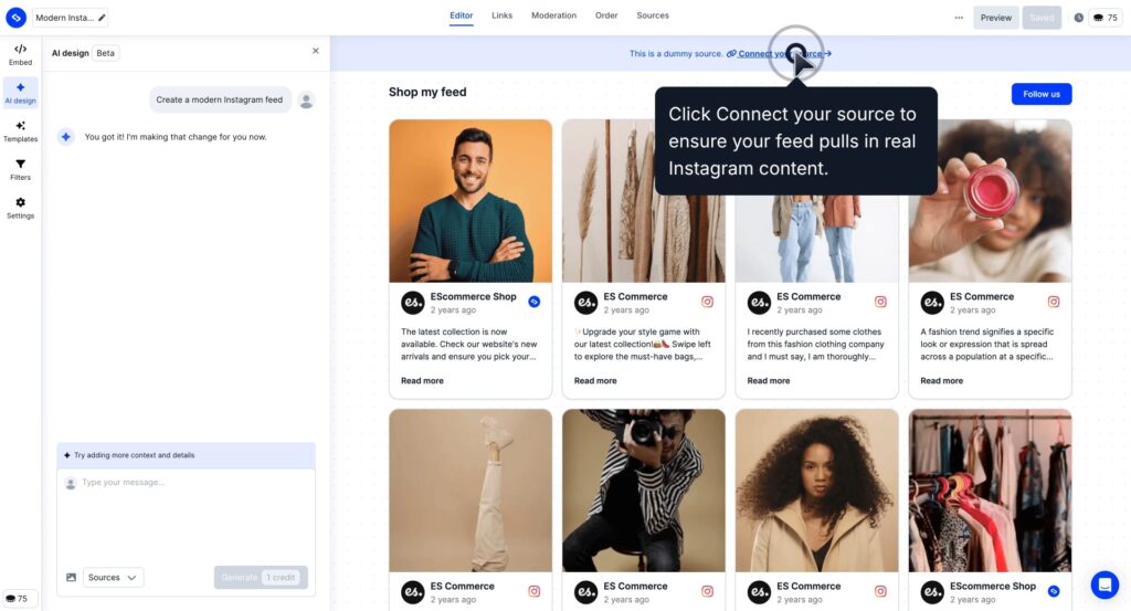 Connect Instagram feed account as a source