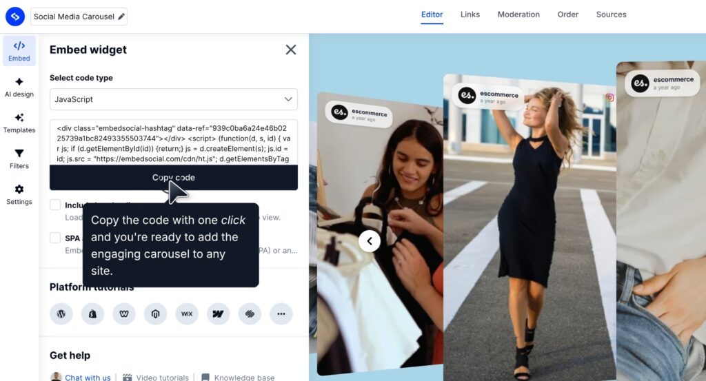 copying the widget embed code in embedsocial editor