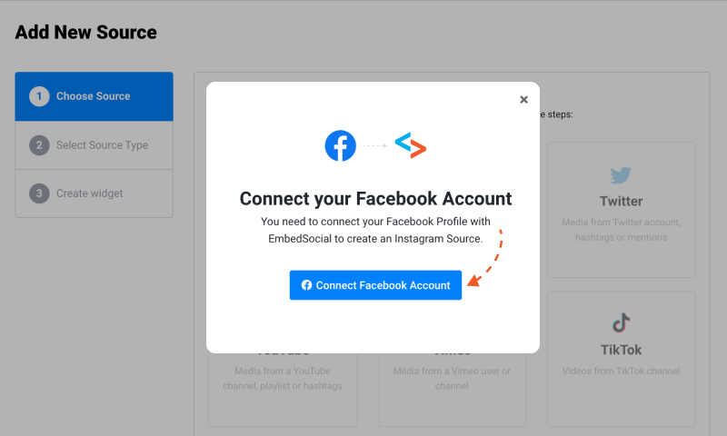 connect facebook account to generate instagram feed