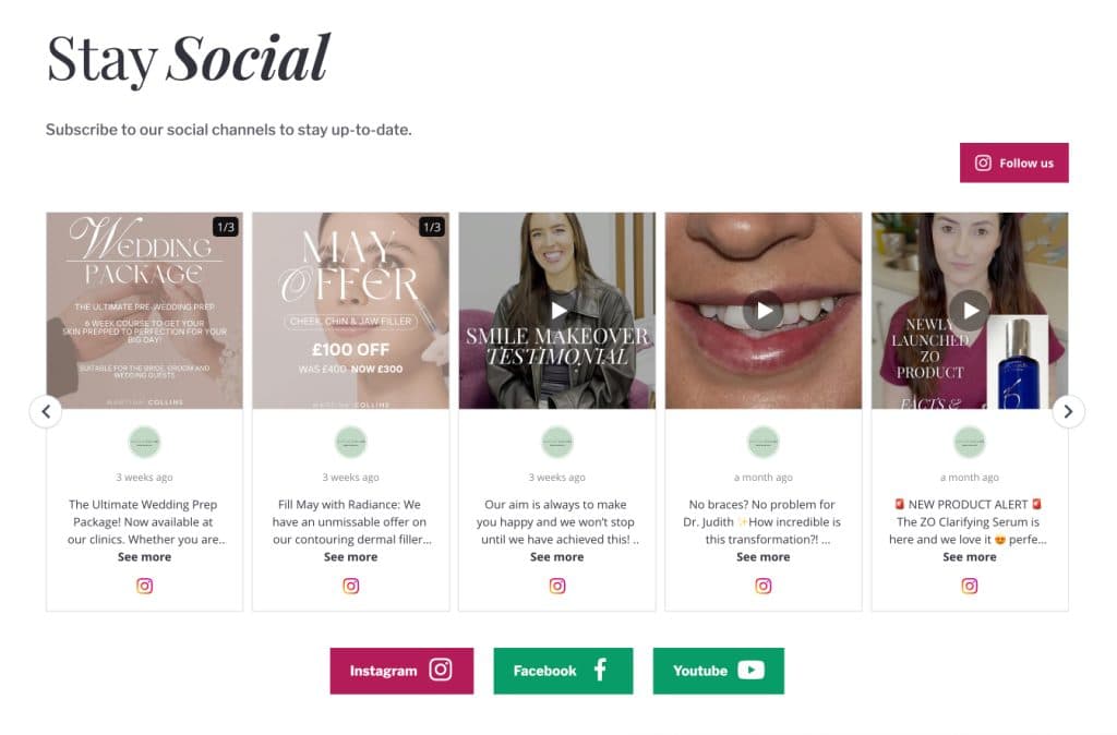 Example of an Instagram slider for a Skin care and dentist service.