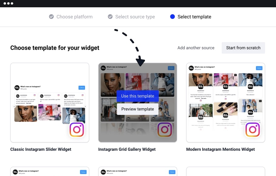 selecionar o modelo de feed do Instagram para o seu widget