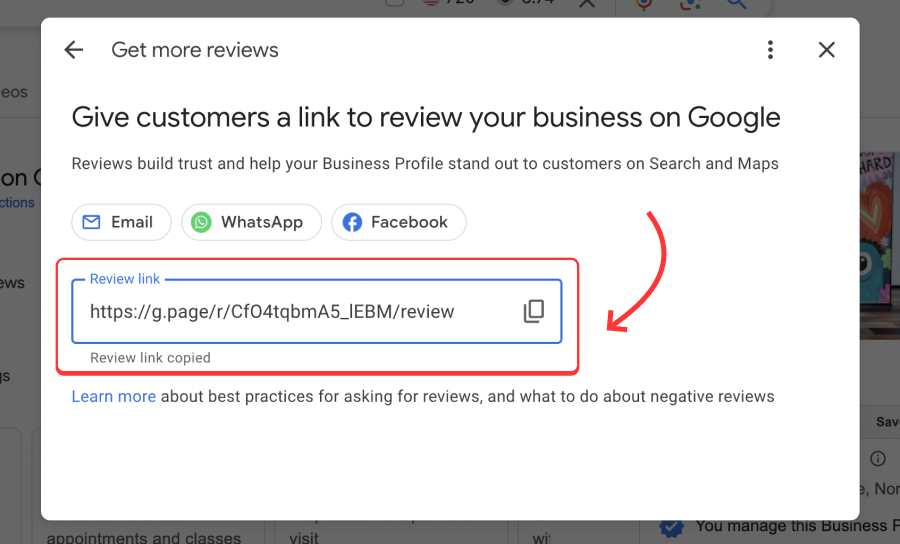 Find and copy Google reviews link