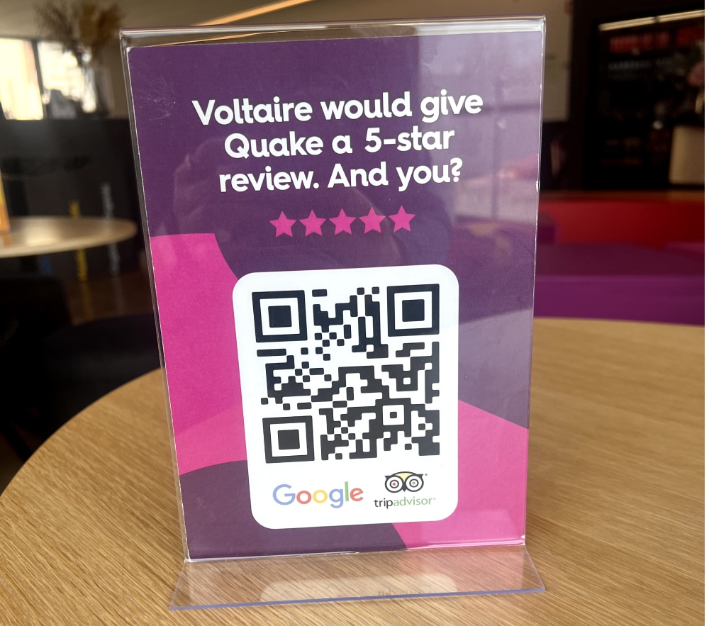 example of a QR table stand leading to a google review page