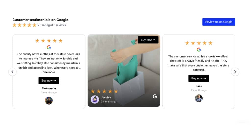 google reviews widget with buy buttons