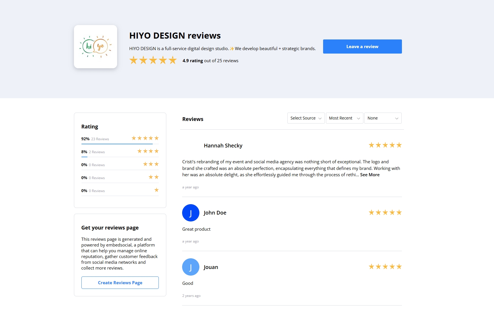 hiyo design reviews page