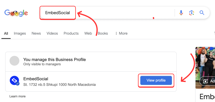 Search business name in Google to navigate to Google business profile