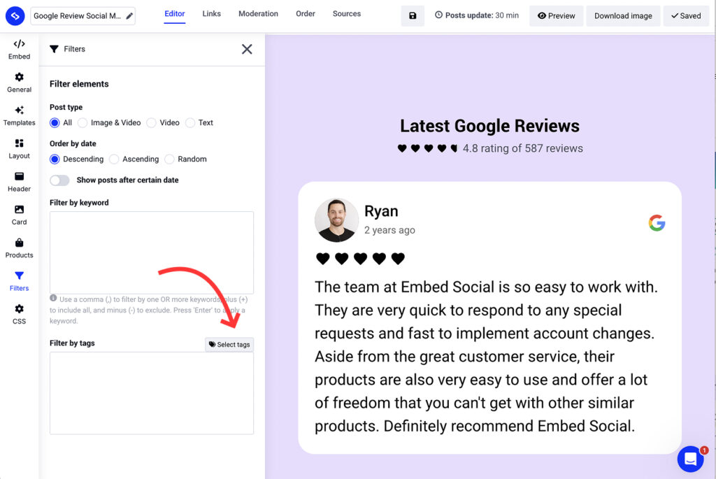 Create widget with tagged reviews