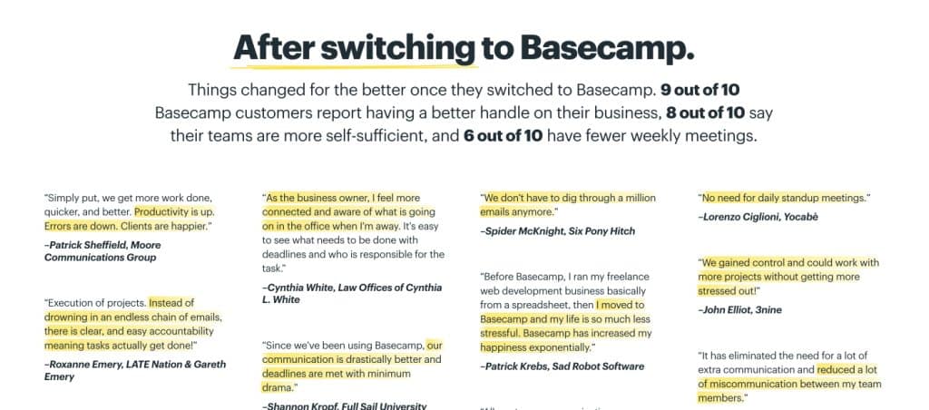 Basecamp's reviews page after using the product