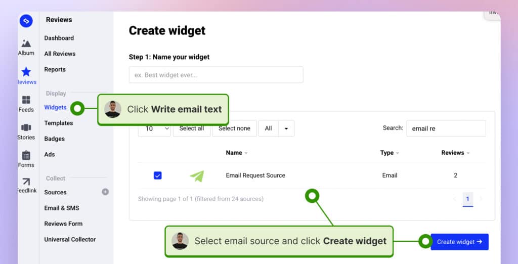 Create a reviews widget from the reviews you receive via email