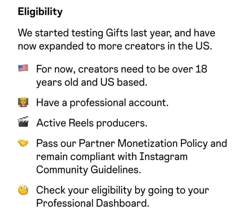 Eligibility for creators to receive Gifts on Instagram