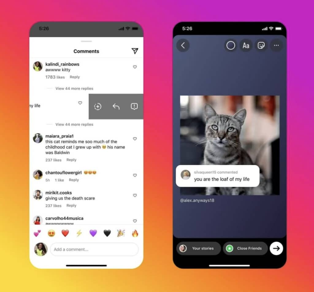 Share comments from posts into Instagram stories