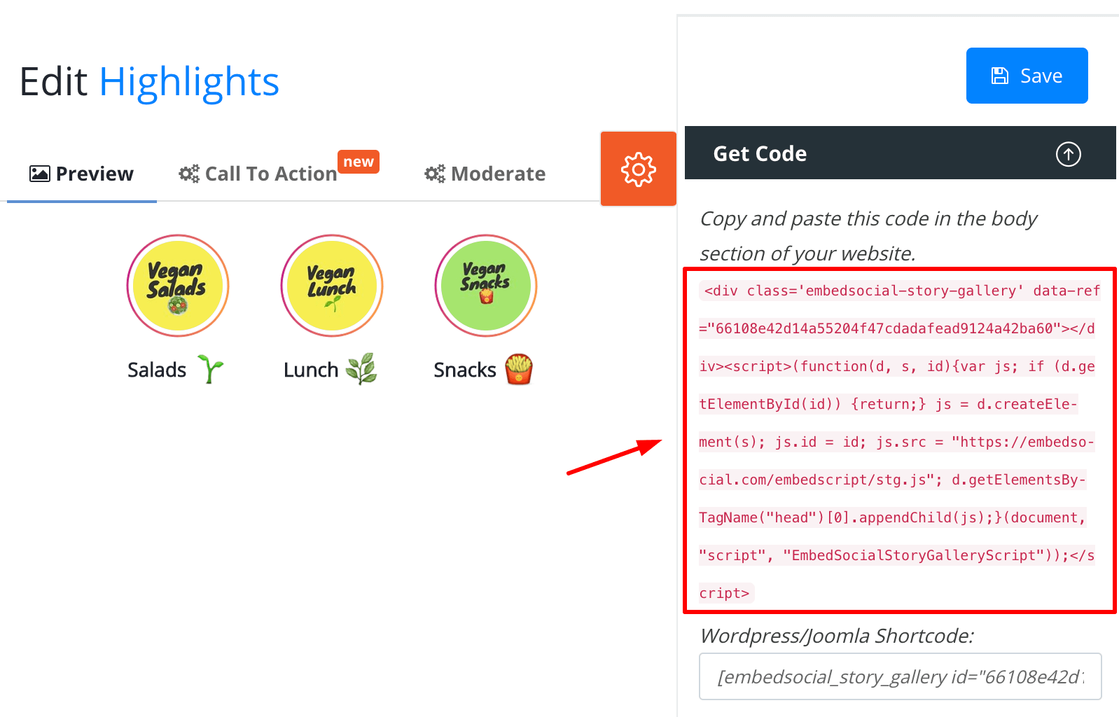 embeddable code for Instagram highlights