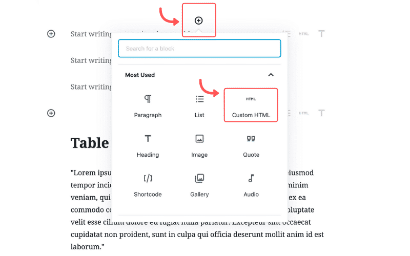 custom html block WordPress