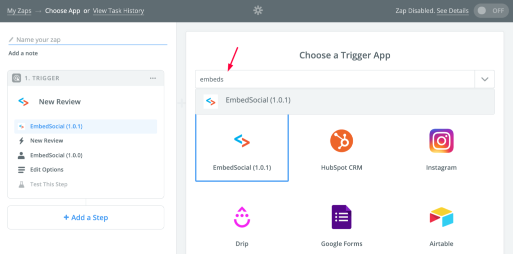 choose embedsocial as trigger in zapier